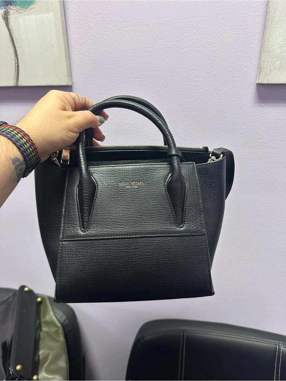 henri bendel Black Textured Leather Satchel with Top Handles
